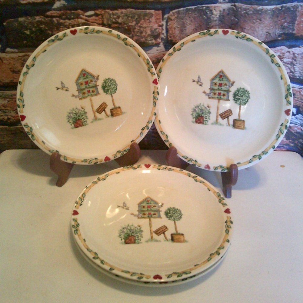 Set Of 4 Birdhouse China Stoneware Desert Salad Plates (Rare)